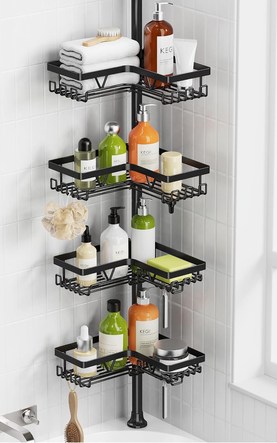 KEGII Corner Shower Caddy Tension Pole, 2-Steps Install Bathroom Organizer