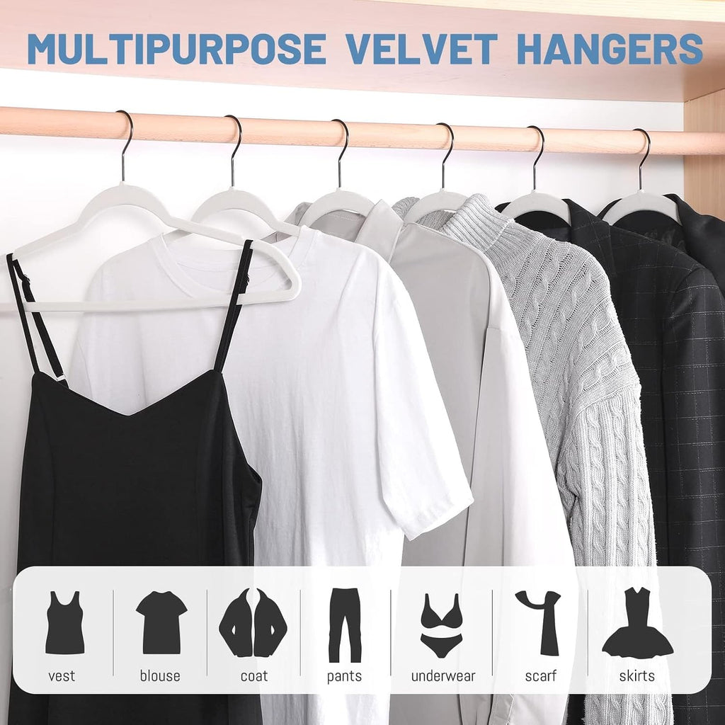 HOUSE DAY White Velvet Hangers 60 Pack, Non Slip Felt Hanger +Black Hook