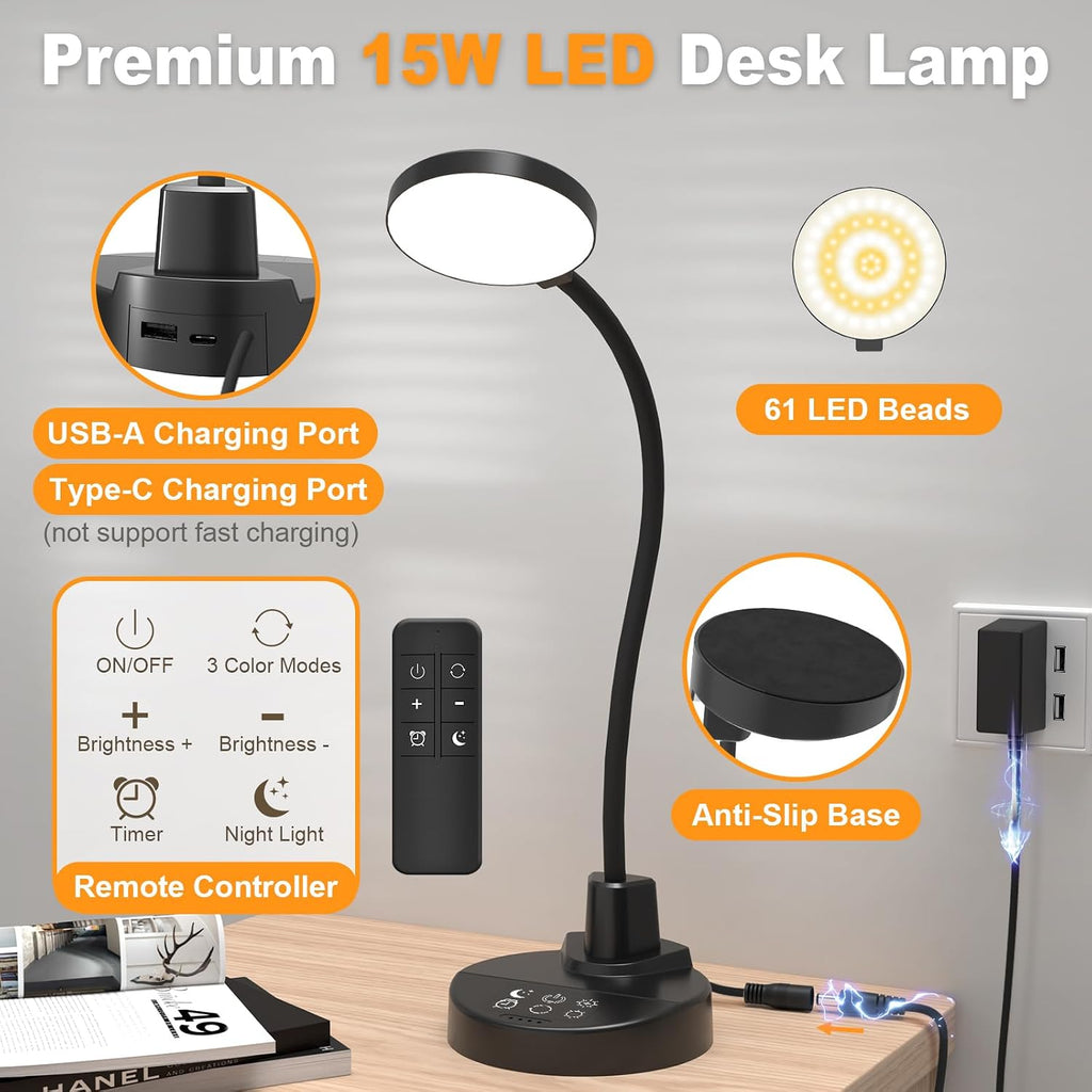 15W LED Desk Lamp with USB Charging Ports, [Button & Remote Control] Dimmable Table Lamp with 3 Color Modes, 5 Brightness Levels, 4 Timers, Flexible Reading Light for Home Office, Bedroom, Kids Study