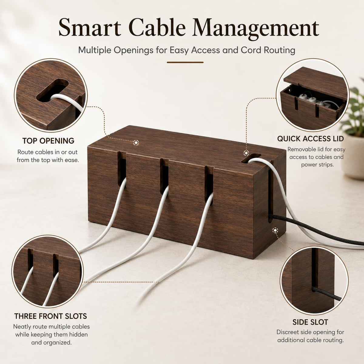 Large Wood Cable Management Box, Wooden Cord Hider Box for Power Strips, Walnut Finish Cable Organizer with 20 Reusable Ties for Desk, Floor & Home Office