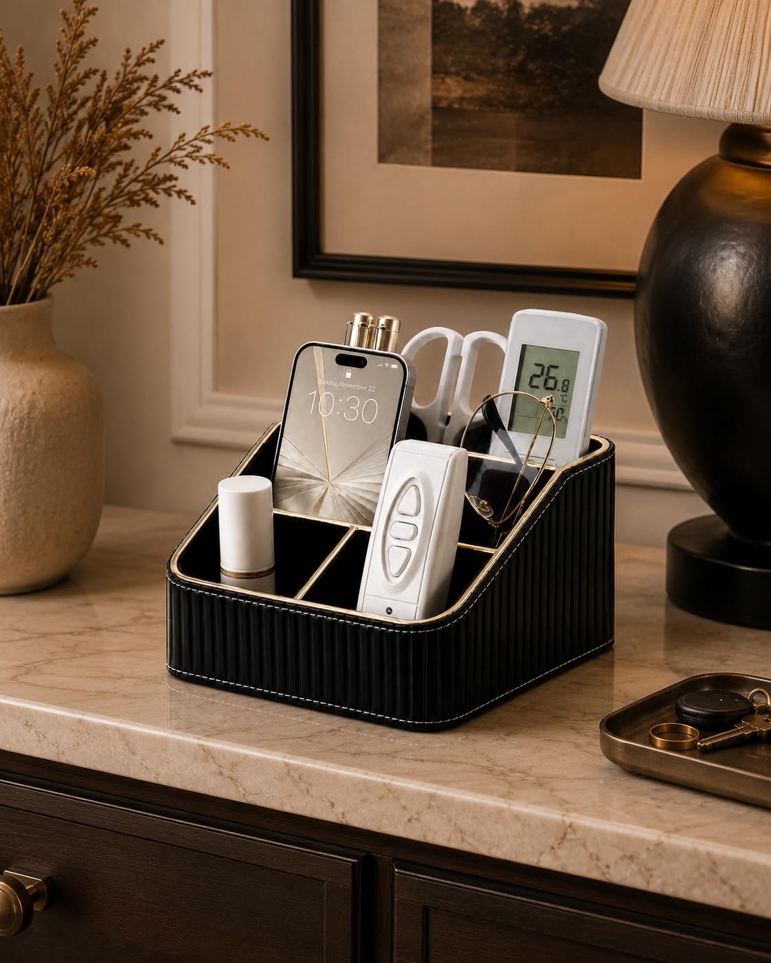 KINGFOM PU Leather Remote Control Holder, 4 Compartment Nightstand Organizer with Gold Trim, Small Desk Organizer for Office Supplies, Phone, Glasses, Pens, Bedside Table, Living Room Decor Black