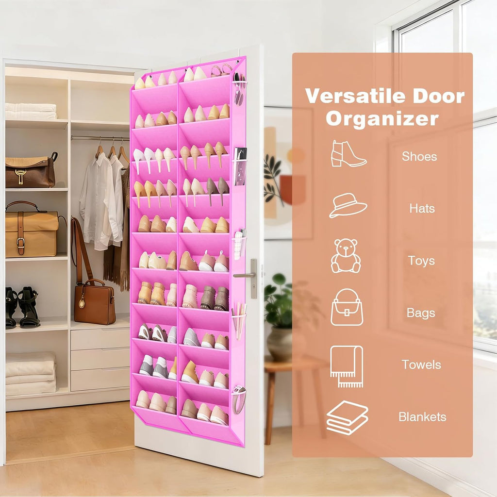 LANTEFUL Over the Door Shoe Organizer, Hanging Shoe Rack for Closet Door Shoe Storage for 30 Pairs Sneaker and Boots, Large Shoe Holder for Door with 10 Side Pockets, Space Saving, Pink