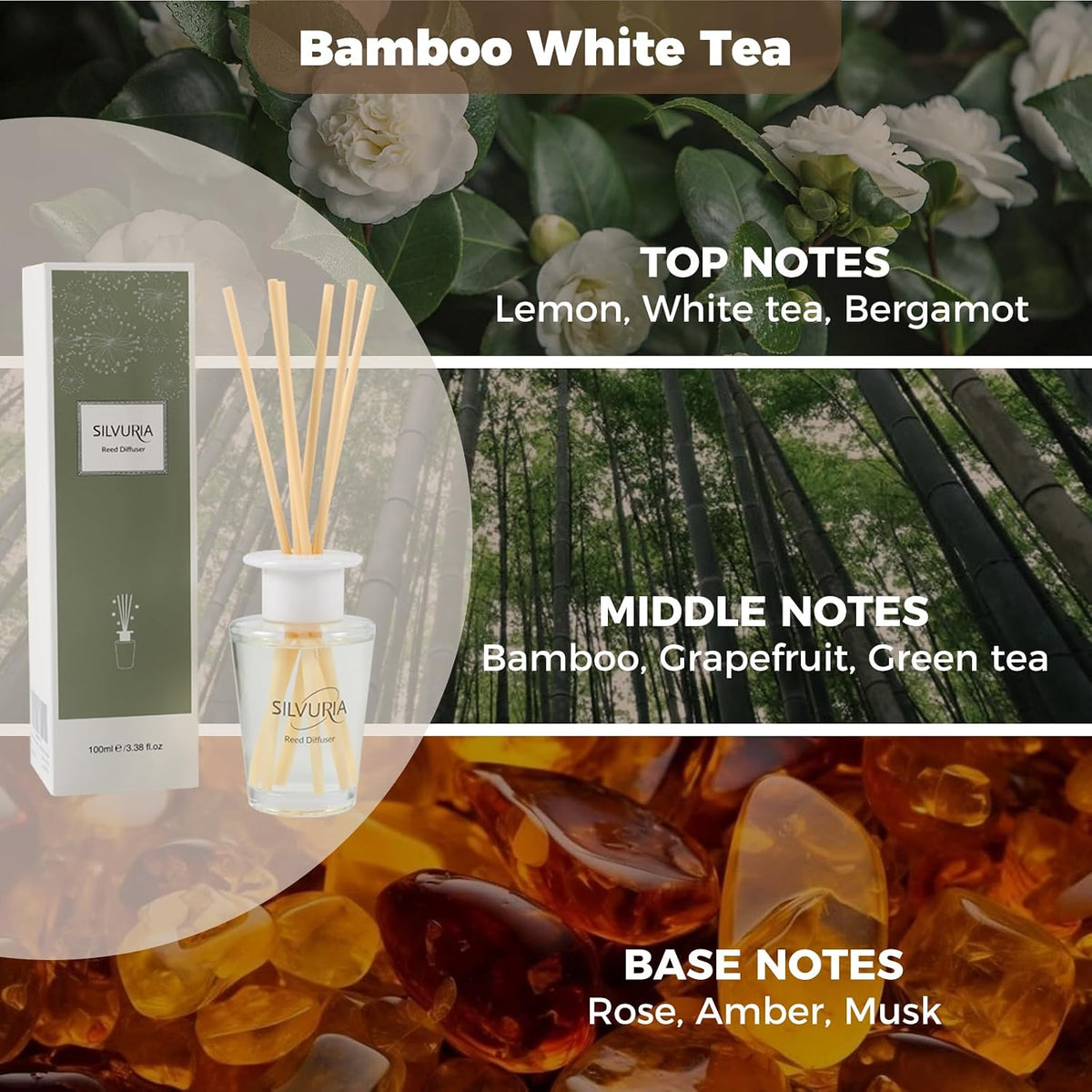 Reed Diffuser Set,Bamboo White Tea Scented,3.38 fl.oz(100ml)