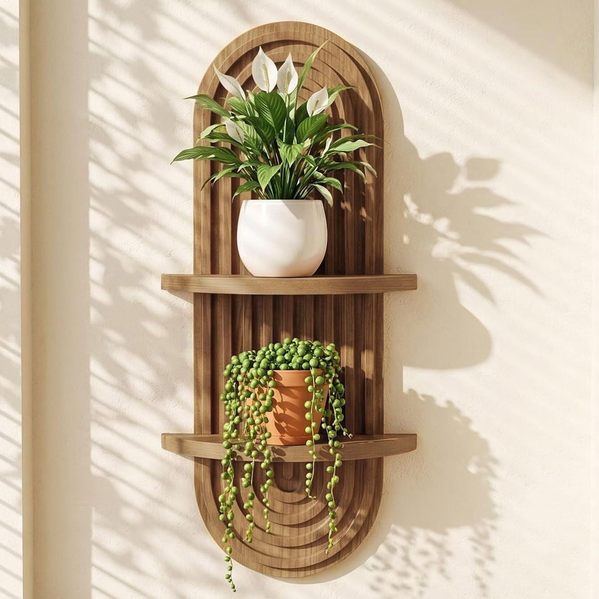 Boho Wall Decor Brown Plant Wall Shelf, 16.9in Walnut Floating Shelves for Wall, 2 Tier Mid Century Modern Decor Hanging Plant Shelf for Home, Bedroom Living Room Office Decoration