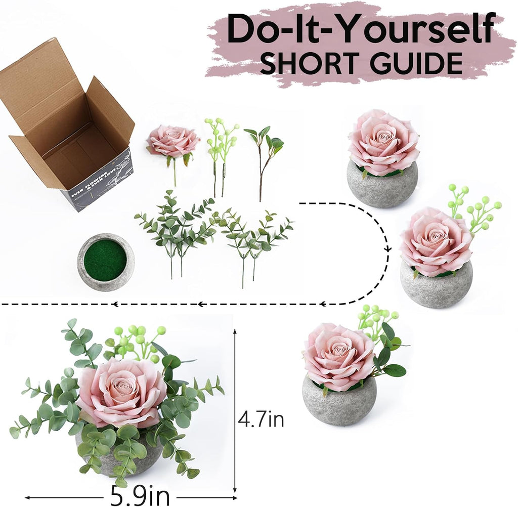 mizii DIY Small Artificial Flowers Potted Kit Fake Flower Realistic Silk Rose and Greenery with Vase for Gifts Table Centerpiece Mantle Office Desk Shelves Living Room Decorations (Light Pink)