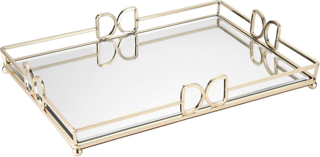 Large Gold Mirrored Tray for Makeup Vanity, 14x10 Entire Length Perfume Organizer for Dresser Top, Elegant Decorative Countertop Storage
