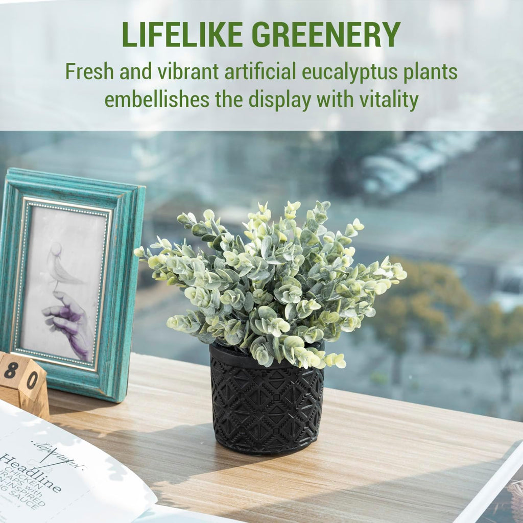 MyGift Black Artificial Eucalyptus Plant Gray Concrete Embossed Planter