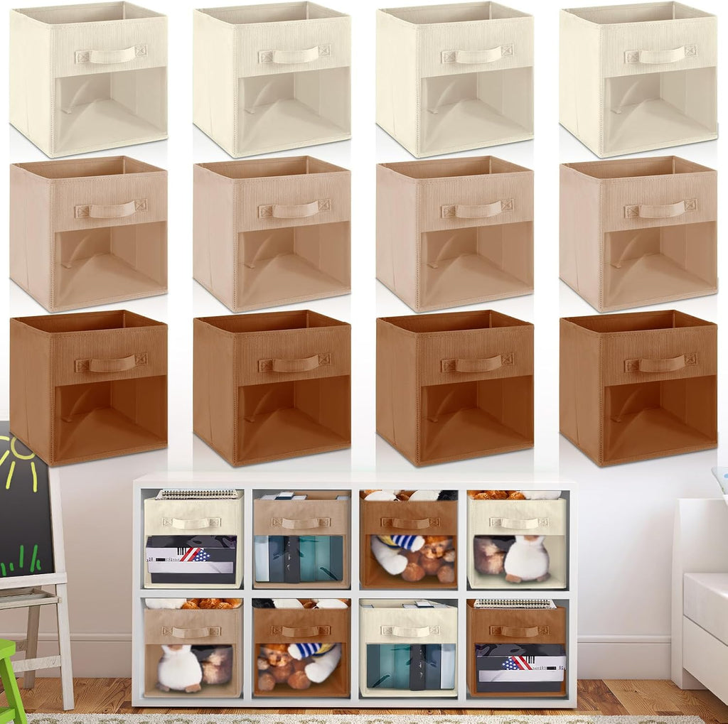 Marsui 12 Pcs Clear Cube Storage Bins Collapsible Fabric for Kids, Brown