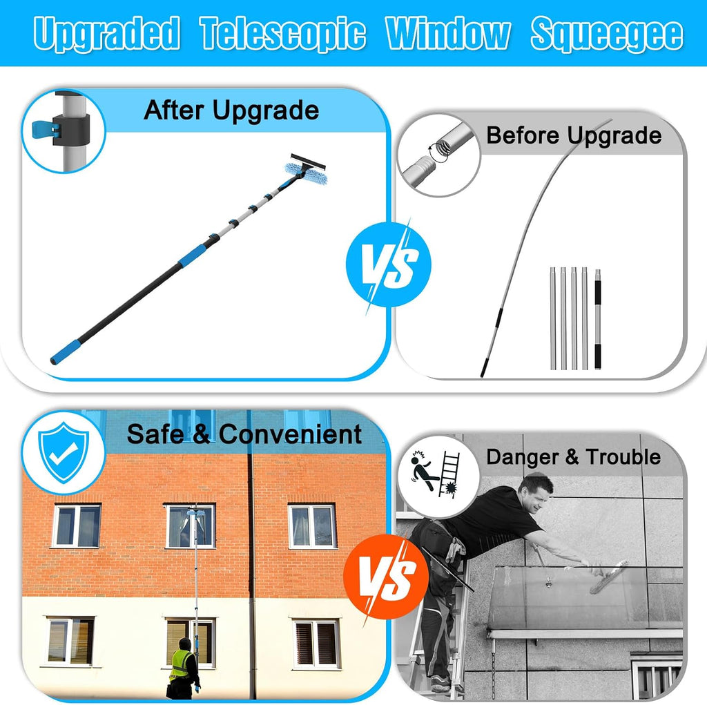 30FT Reach Window Squeegee Kit with Extension Pole, 2-in-1 Professional Washer for High Windows, 5-24FT Adjustable Reach, Rotatable Head for Indoor & Outdoor Use, Streak-Free Cleaning Tool for Home