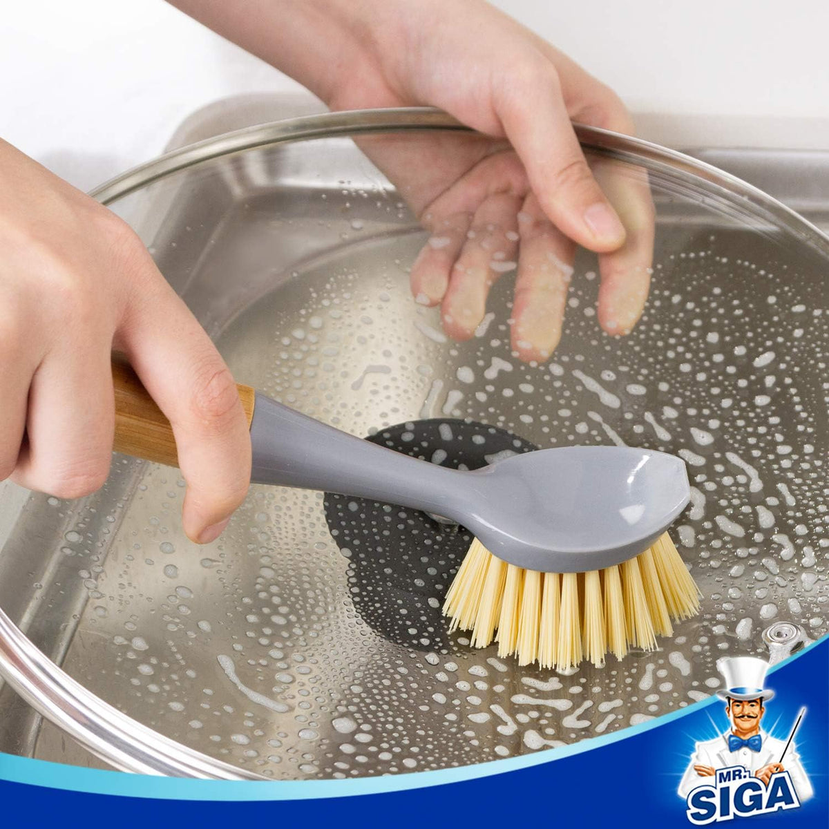 MR.SIGA Dish Brush with Bamboo Handle Built-in Scraper, Pack of 2