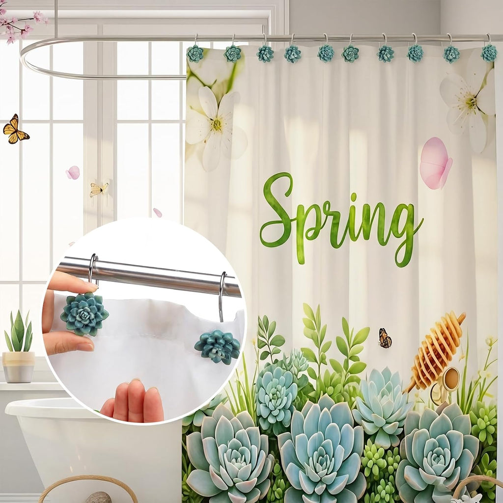 Amyhill 12 Pcs Succulents Plants Decorative Cute Shower Curtain Hooks Mini Succulents Green Shower Curtain Rings Bulk Hanger Stainless Steel Resin Plant Theme Hooks for Bathroom Bedroom Home Decor