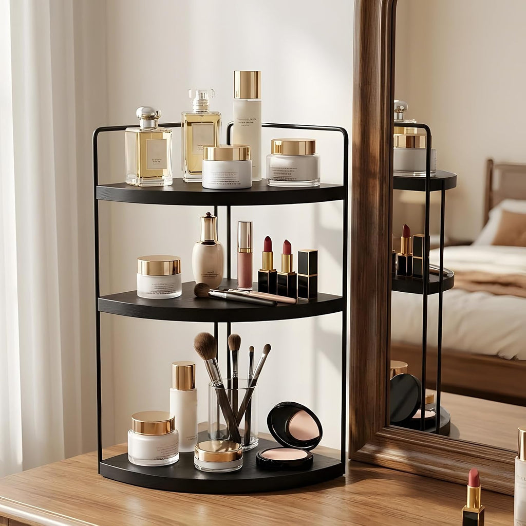 Corner Bathroom Counter Organizer Countertop Black, 3-Tier Corner Shelf Wood Vanity Tray Easy Assembly Space Saving Shelf for Kitchen, Bathroom, Dresser, Makeup, Office