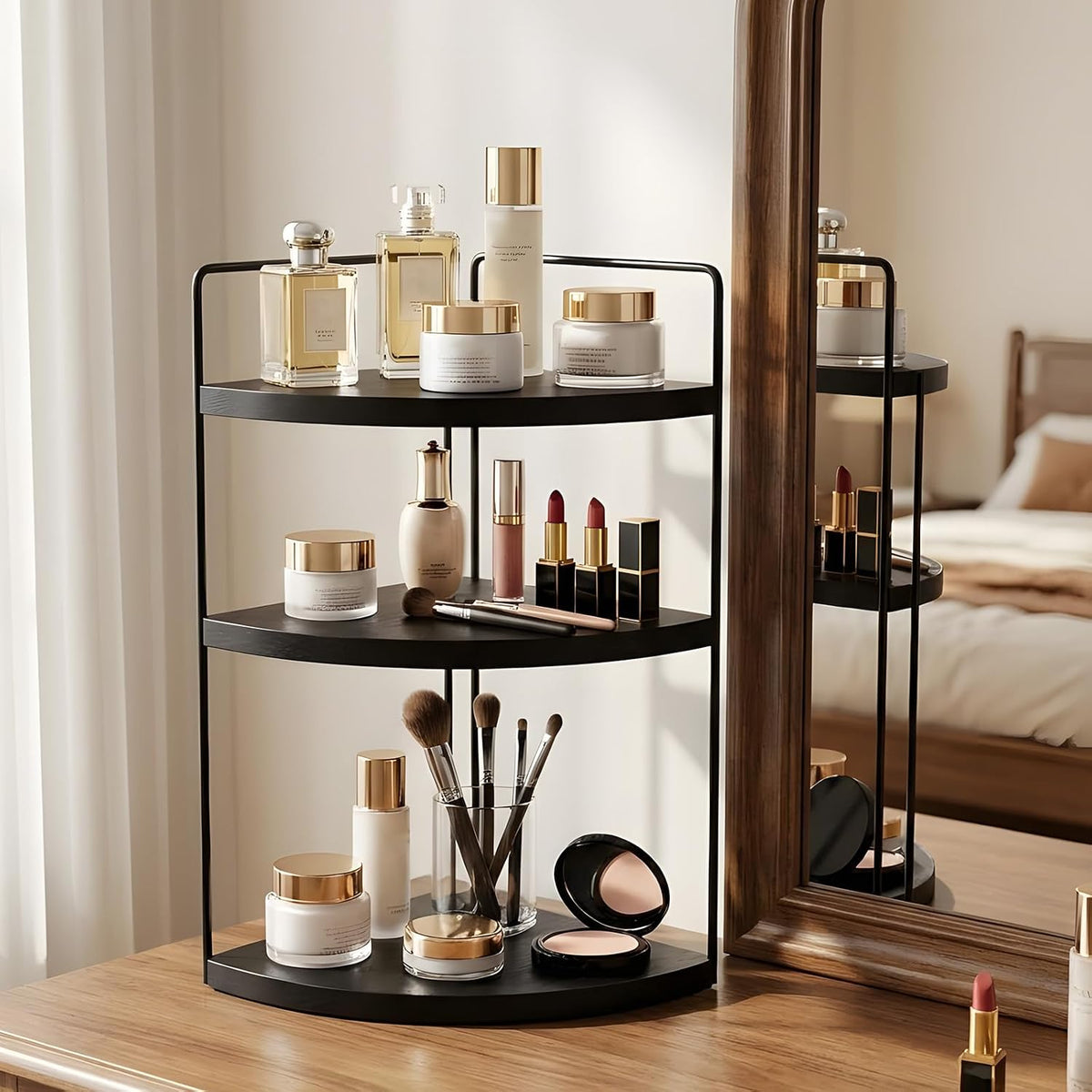 Corner Bathroom Counter Organizer Countertop Black, 3-Tier Corner Shelf Wood Vanity Tray Easy Assembly Space Saving Shelf for Kitchen, Bathroom, Dresser, Makeup, Office