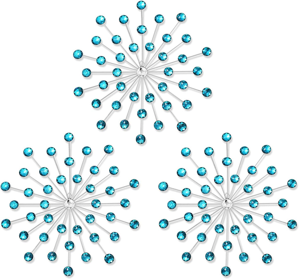 SIYIKRYP Set of 3 Crystal Sunburst Wall Decor – 9.8" Metal Wall Art with Blue Rhinestone Accents – Modern 3D Starburst Hanging Ornaments for Living Room, Bedroom, Office