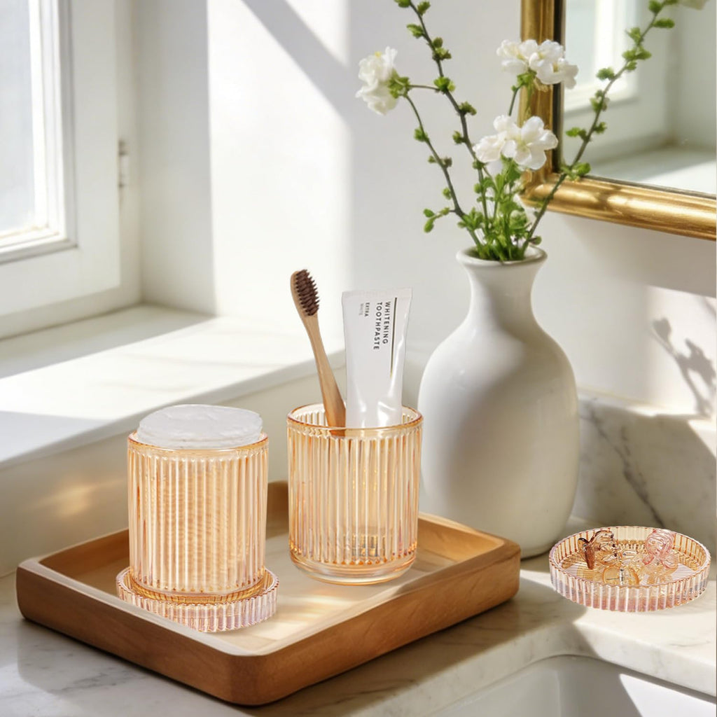 SheeChung 4 Pack Glass Qtip Holder Dispenser, Amber Apothecary Jars