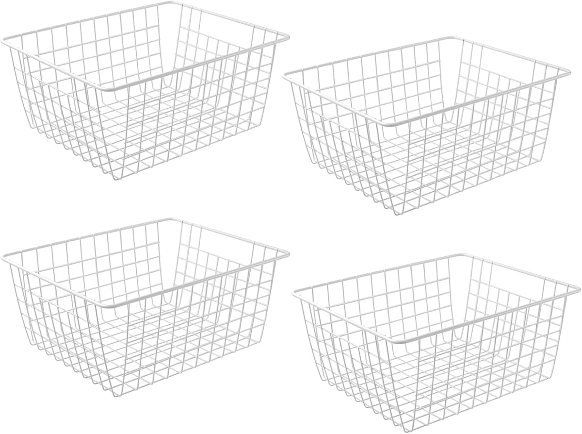 14" Upright Freezer Storage Baskets, White Wire Storage Bins Large Bakset for Freezer, Pantry, Bathroom Organizing, Set of 4