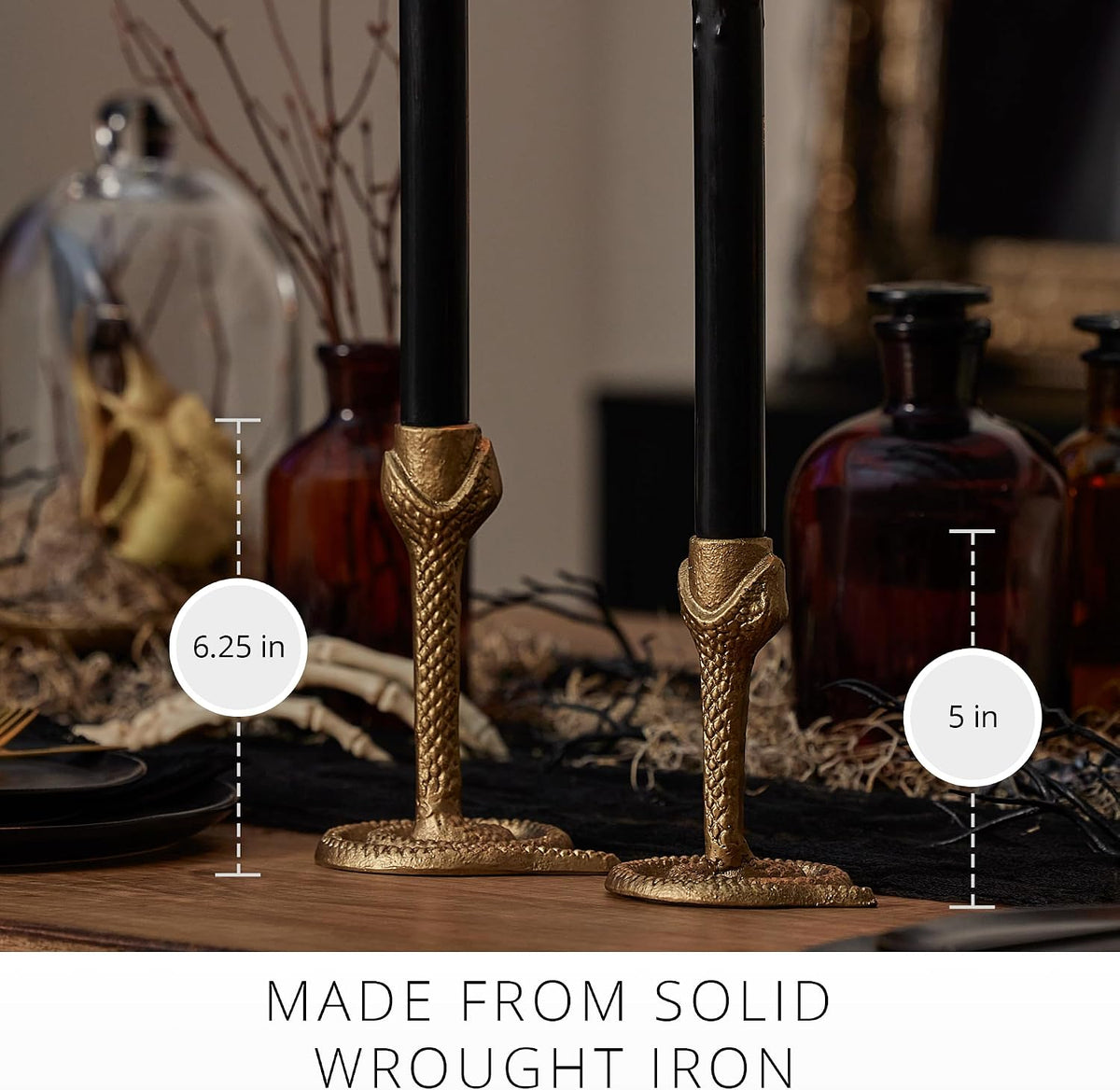 Luminara - Taper Candle Holder Compatible with Luminara Flickering Moving Flame Battery Operated Taper Candles Décor & Gift - Wrought Iron Antique Design Snake, Vintage Brass, (4.75” x 6.25”)