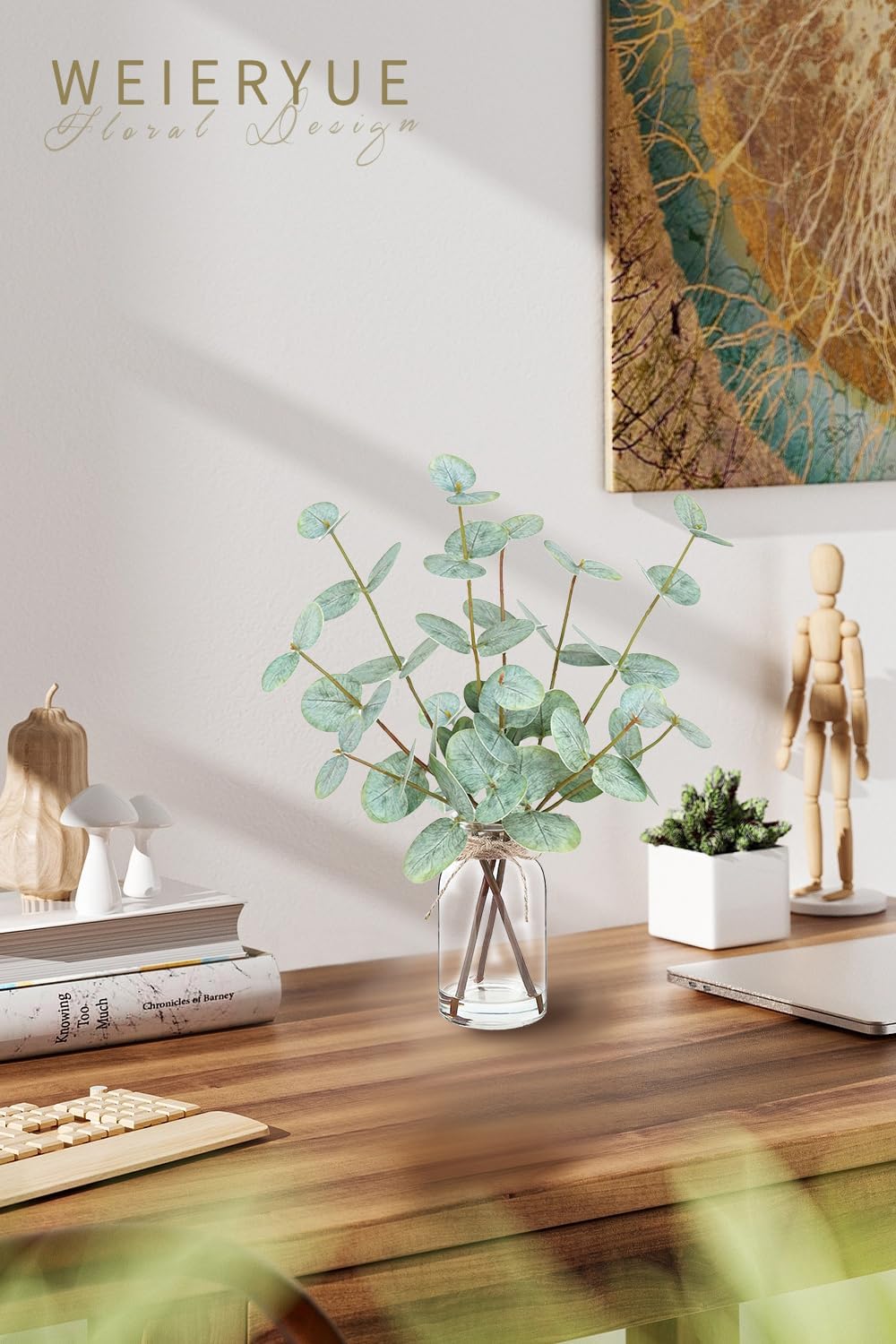 Artificial Eucalyptus Stems in Glass Vase with Faux Water,Artificial Plants Eucalyptus Leaves for Shelf Desk Bathroom Farmhouse Room Coffee Table Home Decor, Central Decoration.