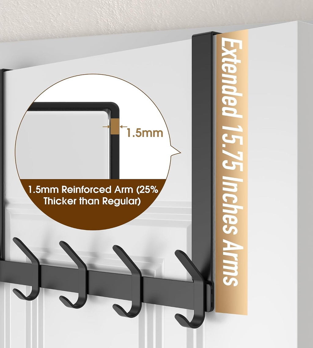 KitchLife Long Over The Door Hooks Hanger with 15.75 inches Extended Arms, Fit 1-3/8" Doors, J40U, Thickened Bathroom Towel Rack Organization, 1 Pack, Matte Black