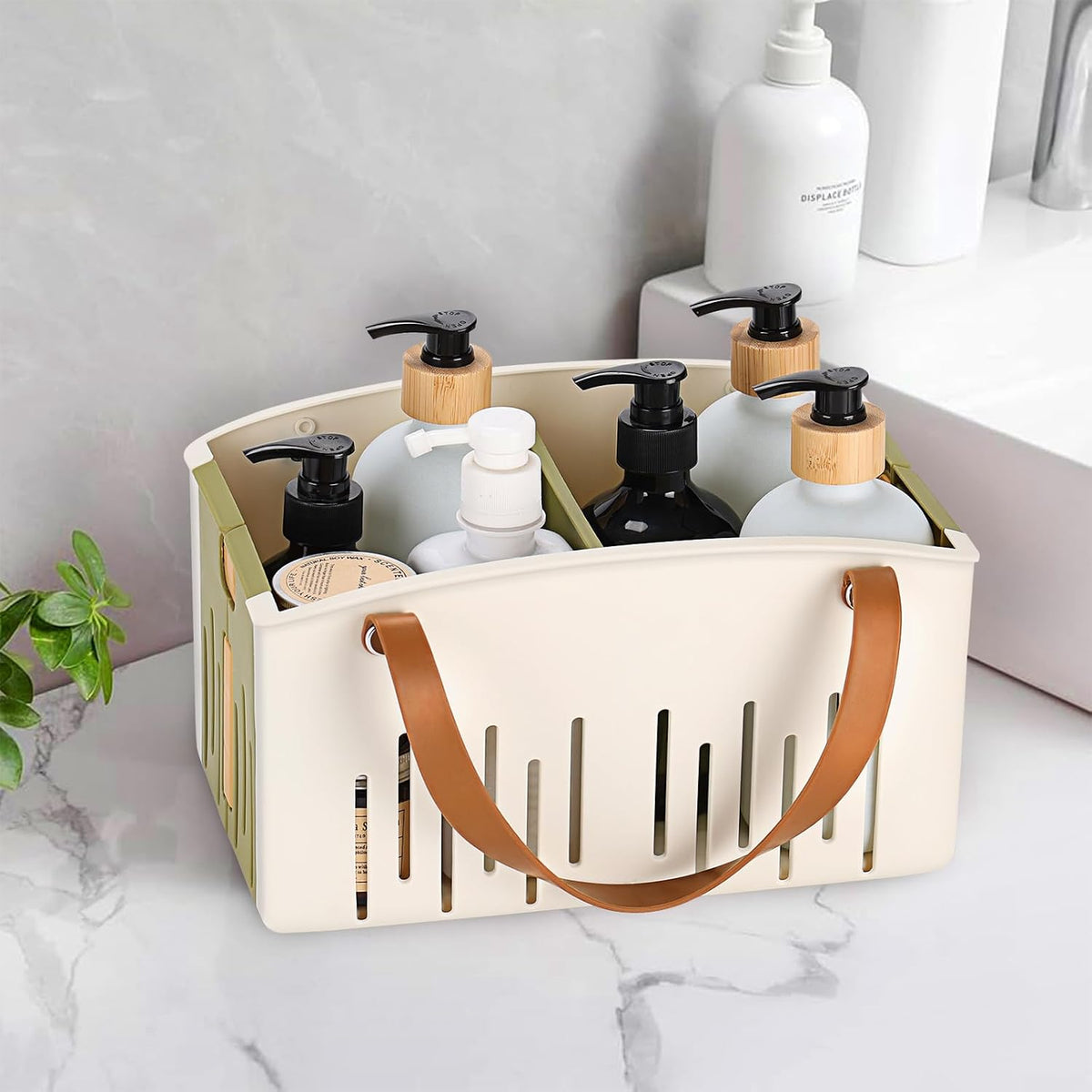 Portable Shower Caddy Collapsible Plastic Shower Basket Tote with Handles Removable Divider, Cleaning Caddy Storage Organizer for Bathroom College Dorm (Green)