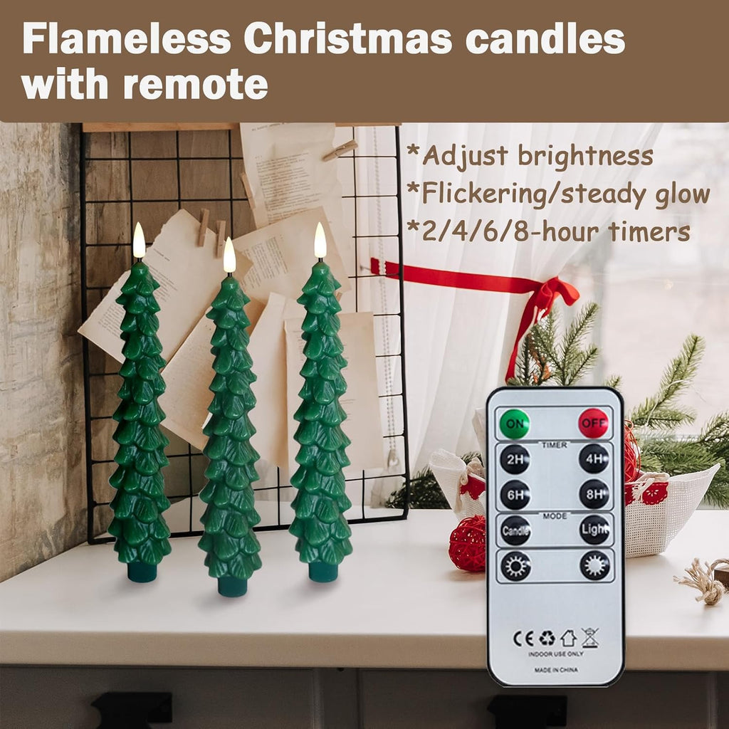 FPOO Waxy Christmas Tree Candles with Remote, Christmas Decorations Indoor, 3 PCS Real Wax Flameless Taper Candles Flickering, Green LED Candlesticks Battery Window Candle (9.5 inches)