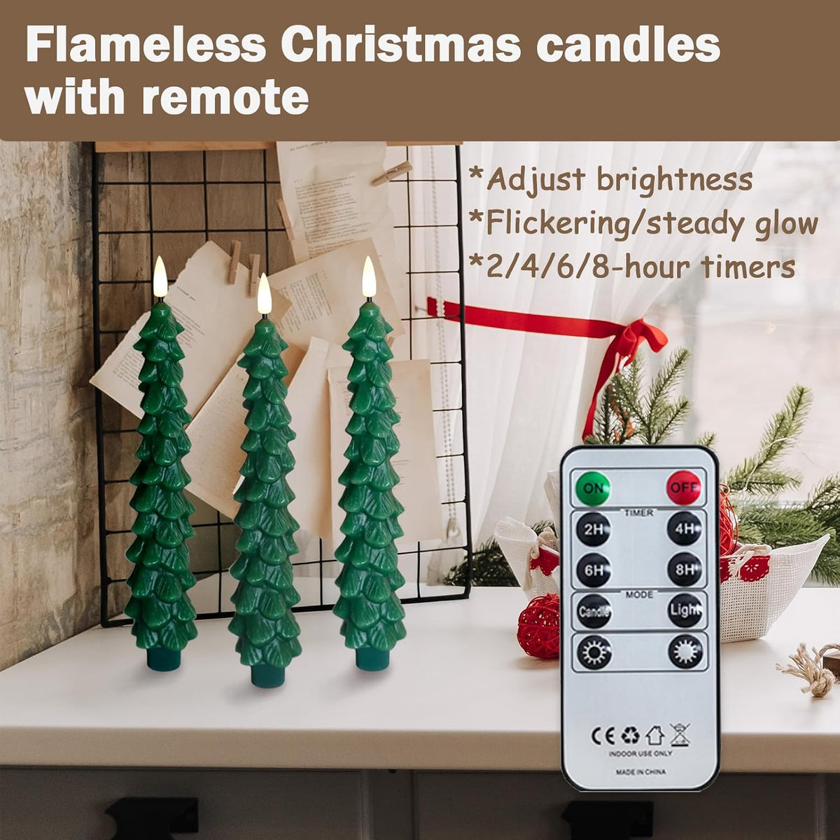 FPOO Waxy Christmas Tree Candles with Remote, Christmas Decorations Indoor, 3 PCS Real Wax Flameless Taper Candles Flickering, Green LED Candlesticks Battery Window Candle (9.5 inches)