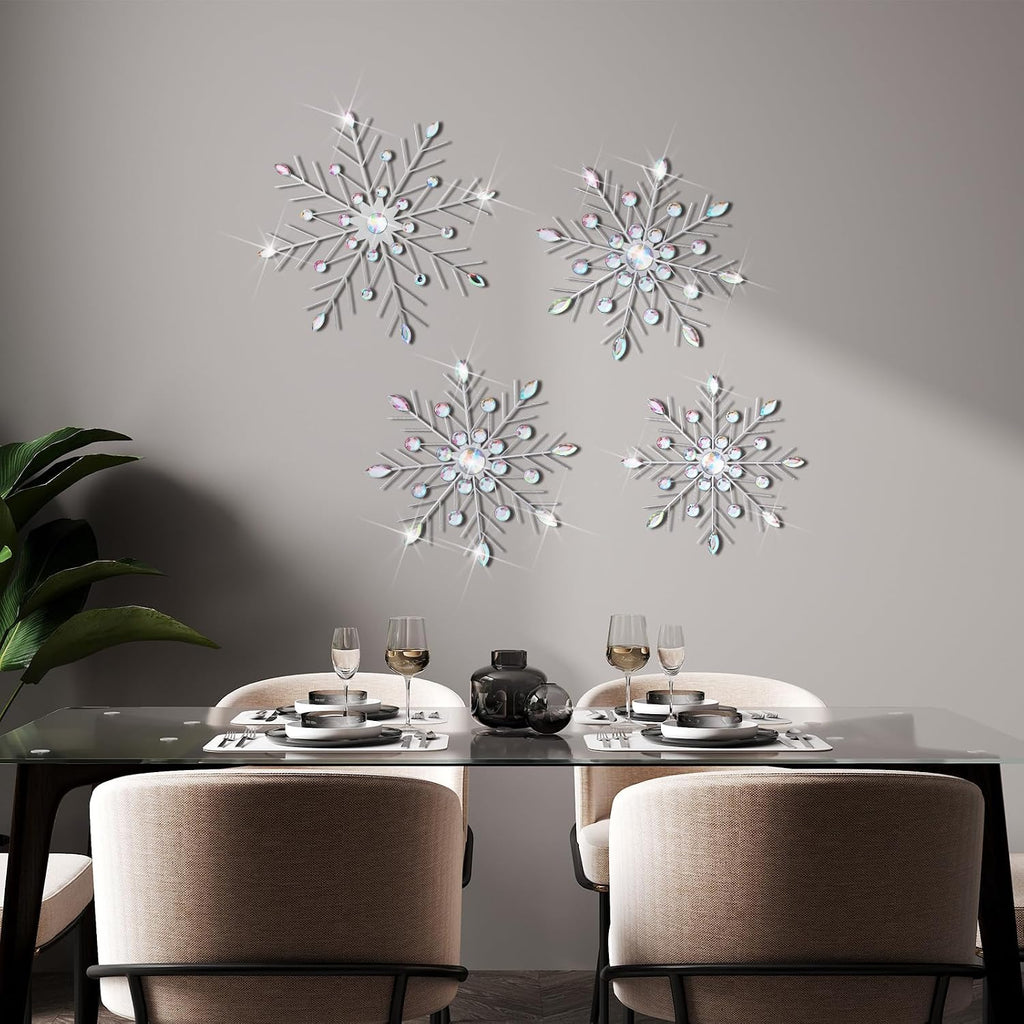 Hicarer 4 Pcs 12" 10" 8" Snowflake Metal Wall Art Rhinestones 3D Decor Christmas Silver Hanging Metal Artwork Wall Decor Glitter Crafts Snowflake Decorations for Home Living Room Office(Snowflake)