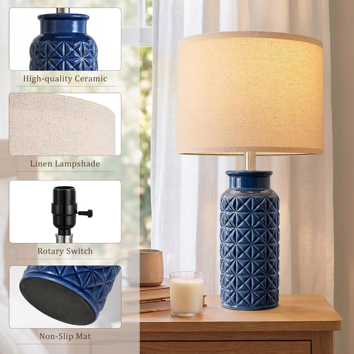 Innqoo 22.6" Modern Ceramic Bedside Lamps Set of 2, Lamps for Bedroom,Blue