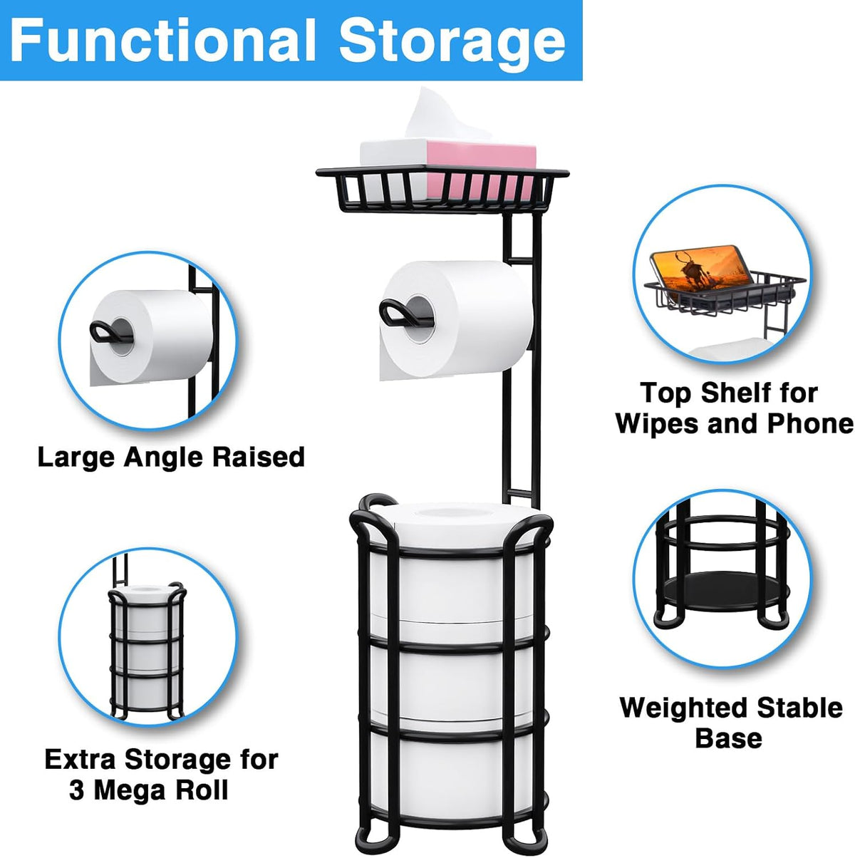 Toilet Paper Holder Stand with Shelf, Free Standing Tissue Roll Storage