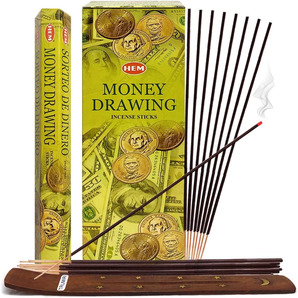 TRUMIRI Money Drawing Incense Sticks & Holder Bundle: 120pcs (6pk x 20pcs) Natural, Herbal Incense for Home Fragrance, Stress Relief, Meditation & Spiritual Decor