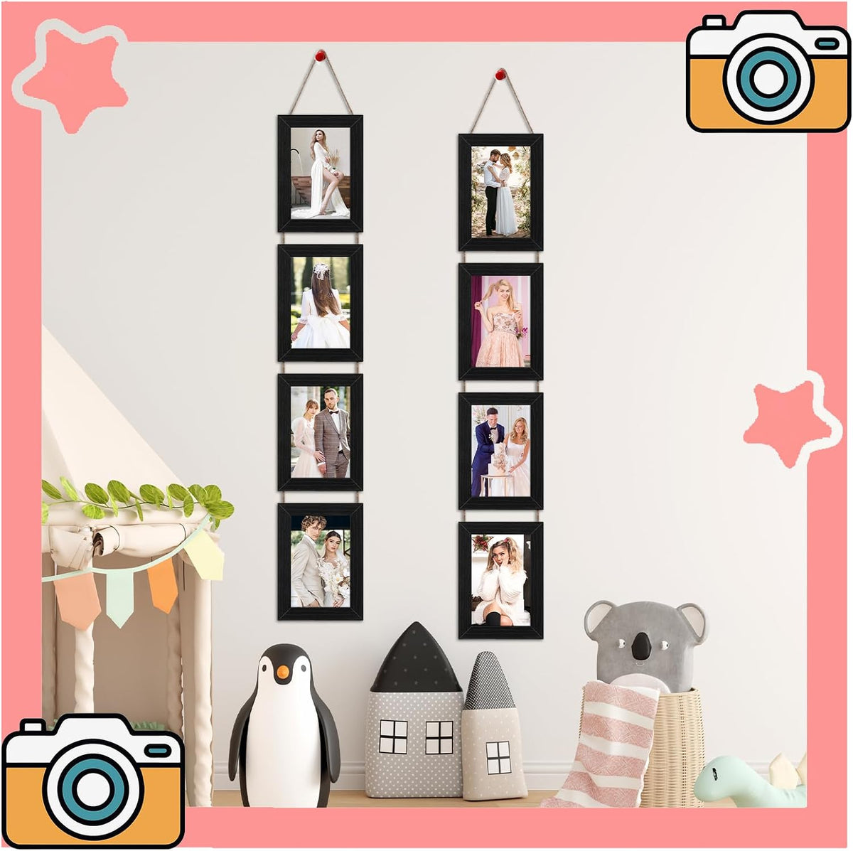 4x6 Black Hanging Collage Picture Frames Set of 2, 8 Openings Collage Photo Frames Rustic Wooden Real Glass Vertical Hanging