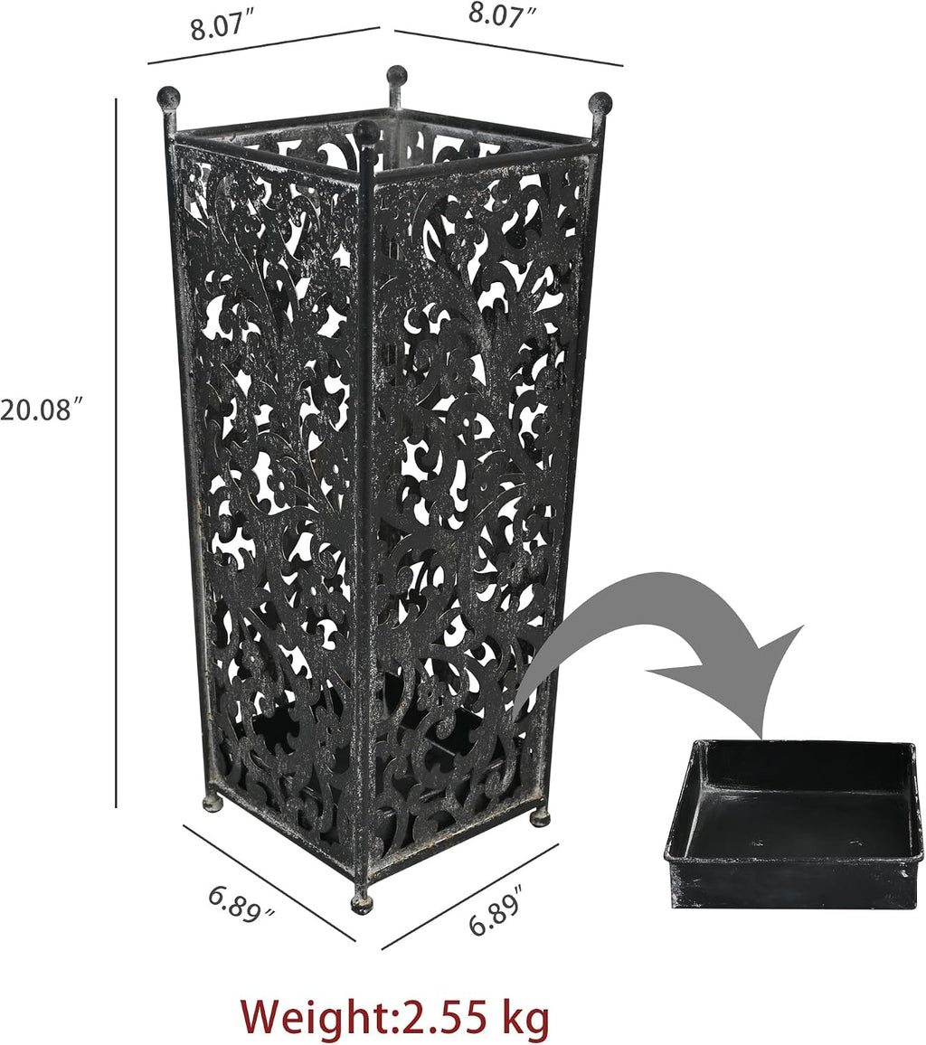 Vintage Black Metal Umbrella Holder with Ornate Cutout Pattern Antique Decorative Umbrella Stand with Detachable Drip Tray for Entryway Storage Umbrellas Canes & Walking Sticks (Black)