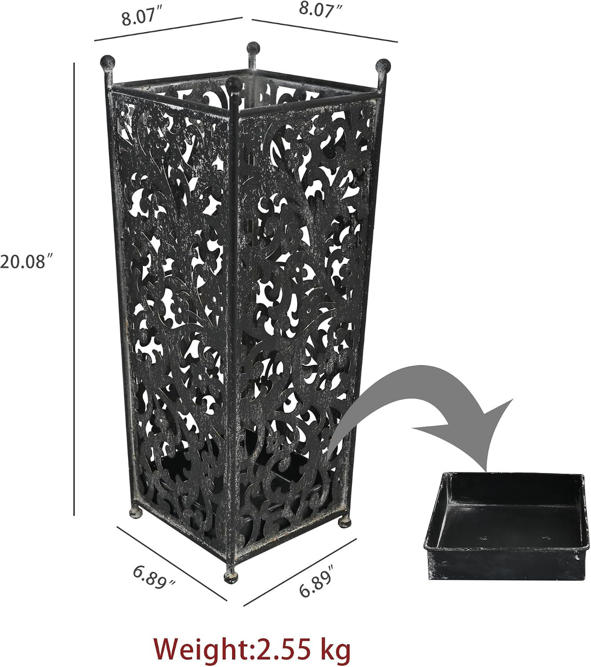 Vintage Black Metal Umbrella Holder with Ornate Cutout Pattern Antique Decorative Umbrella Stand with Detachable Drip Tray for Entryway Storage Umbrellas Canes & Walking Sticks (Black)