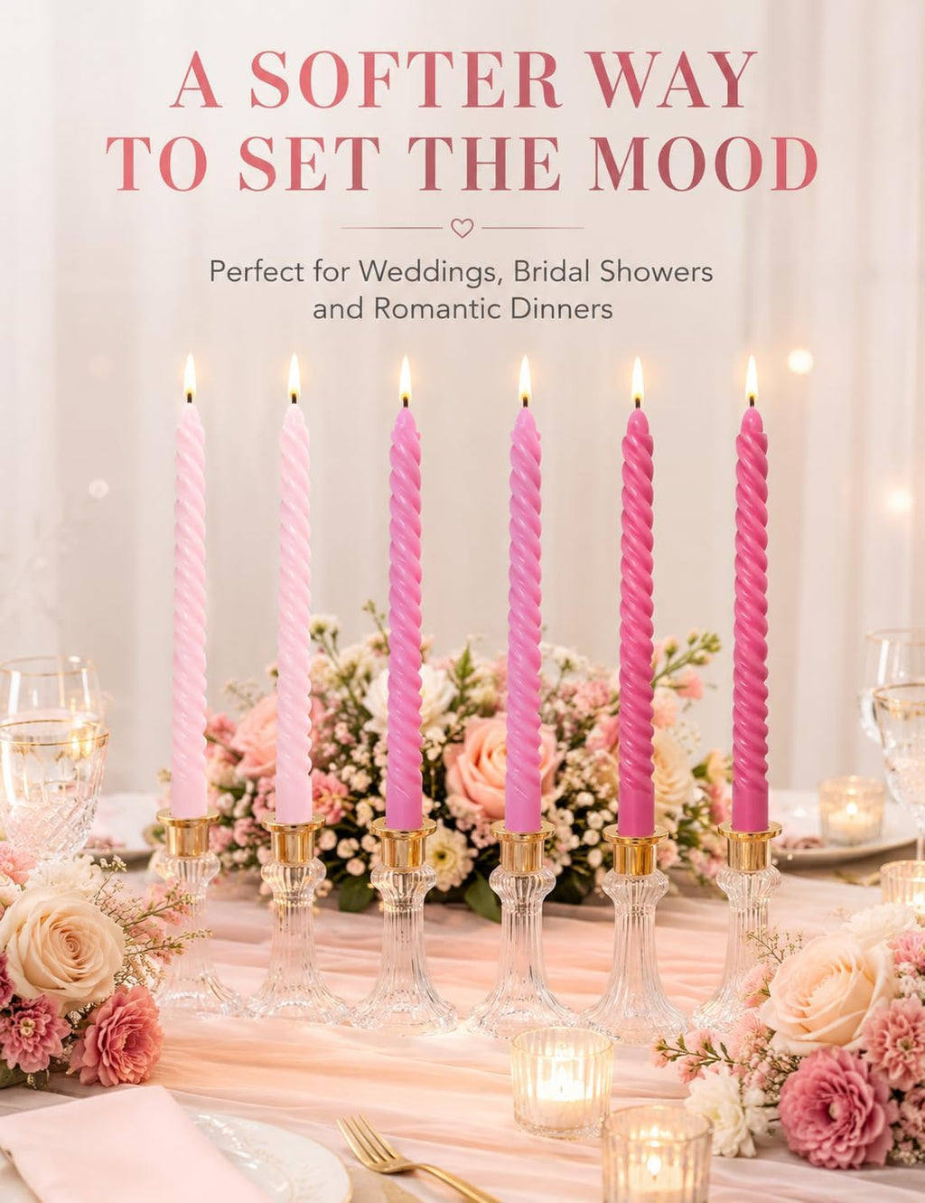 10 Inch Gradient Hot-Pink Spiral Taper Candle Set, 6 Pack Unscented Dripless Candlesticks for Wedding, Holiday Décor, and Festive Dinners