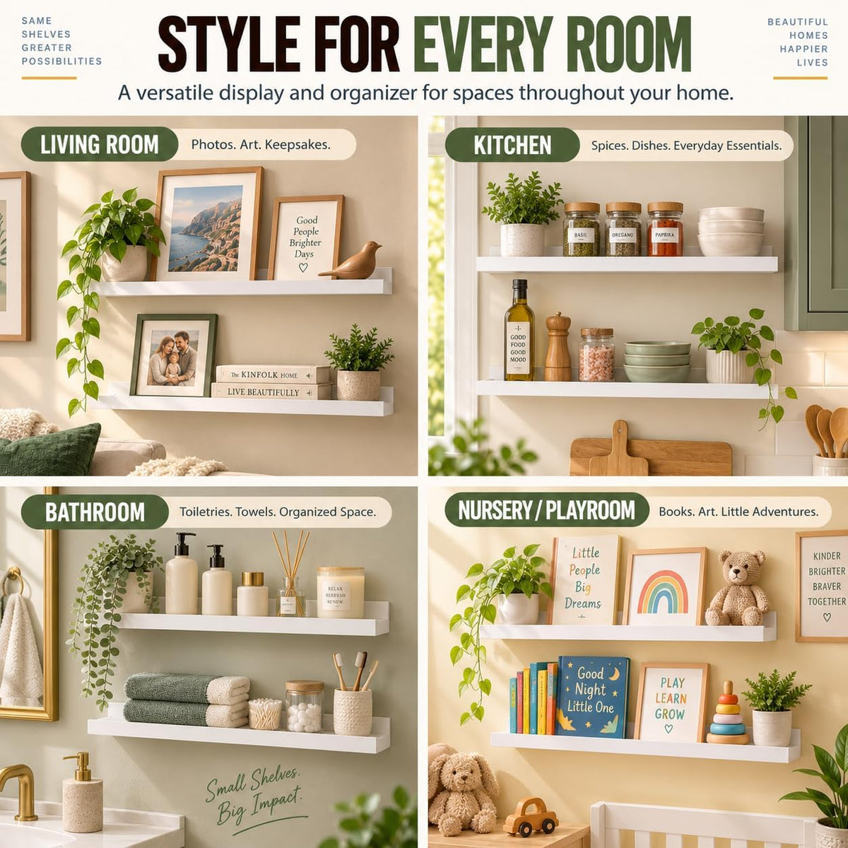 Greenco Picture Shelf, Set of 2 Wall Mounted Photo Ledge Floating Shelves for Bedroom, Living Room, Kitchen, Bathroom, Nursery Display, White Finish