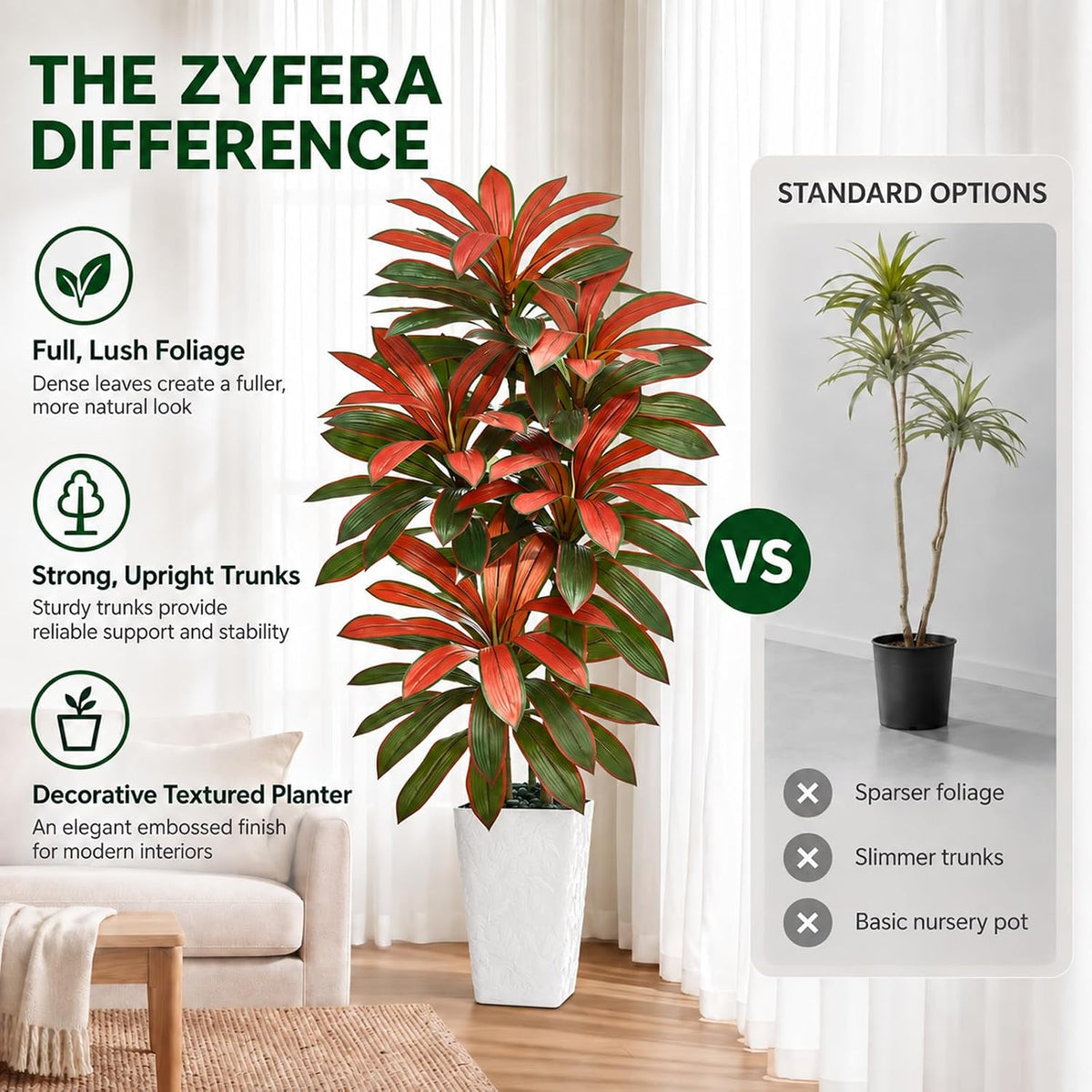 Artificial Dracaena Tree Red, 5FT Fake Plants White Planter