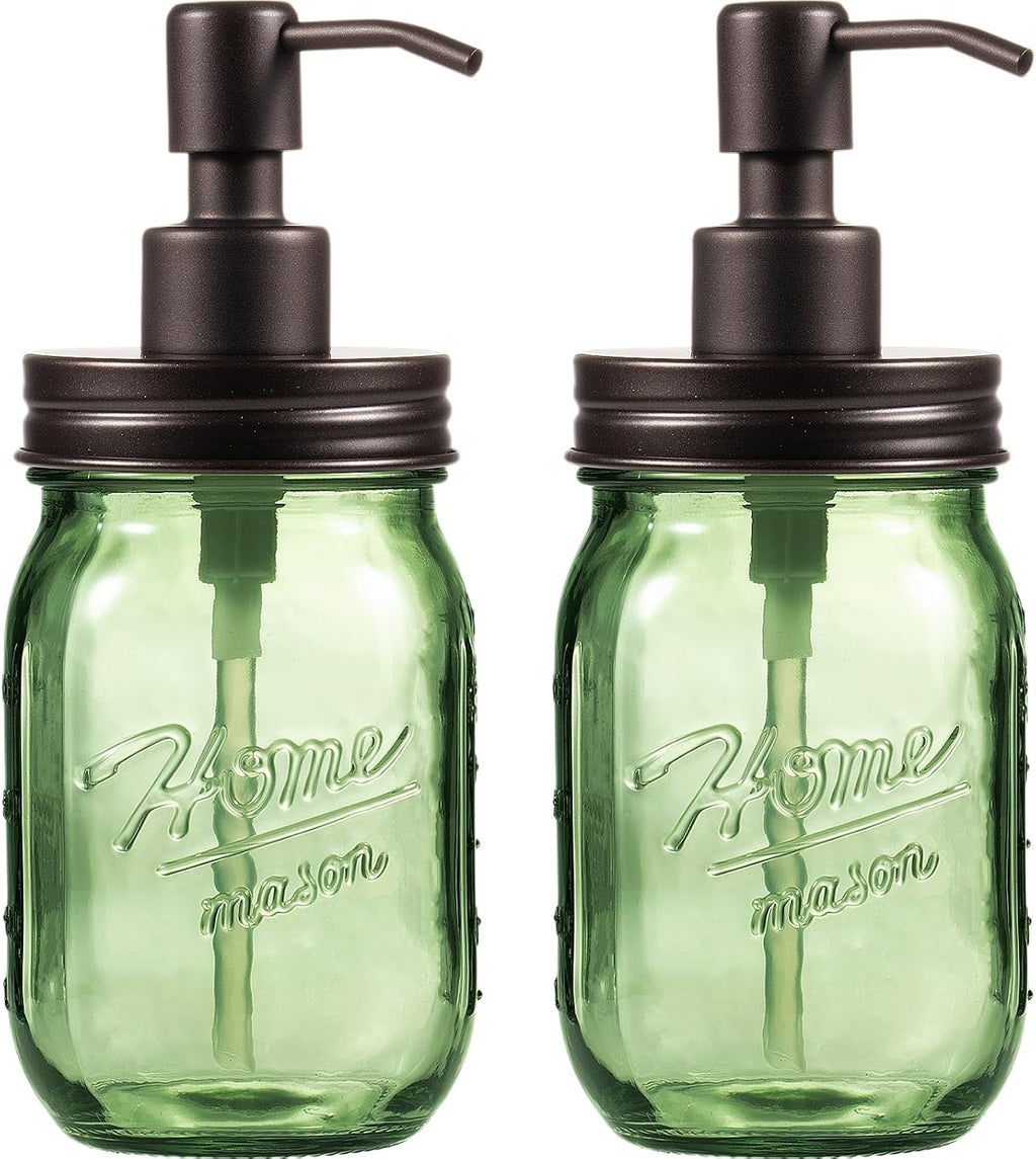 Amolliar Green Glass Mason Jar Liquid Soap Dispenser, 16OZ, Bronze 2 Pack
