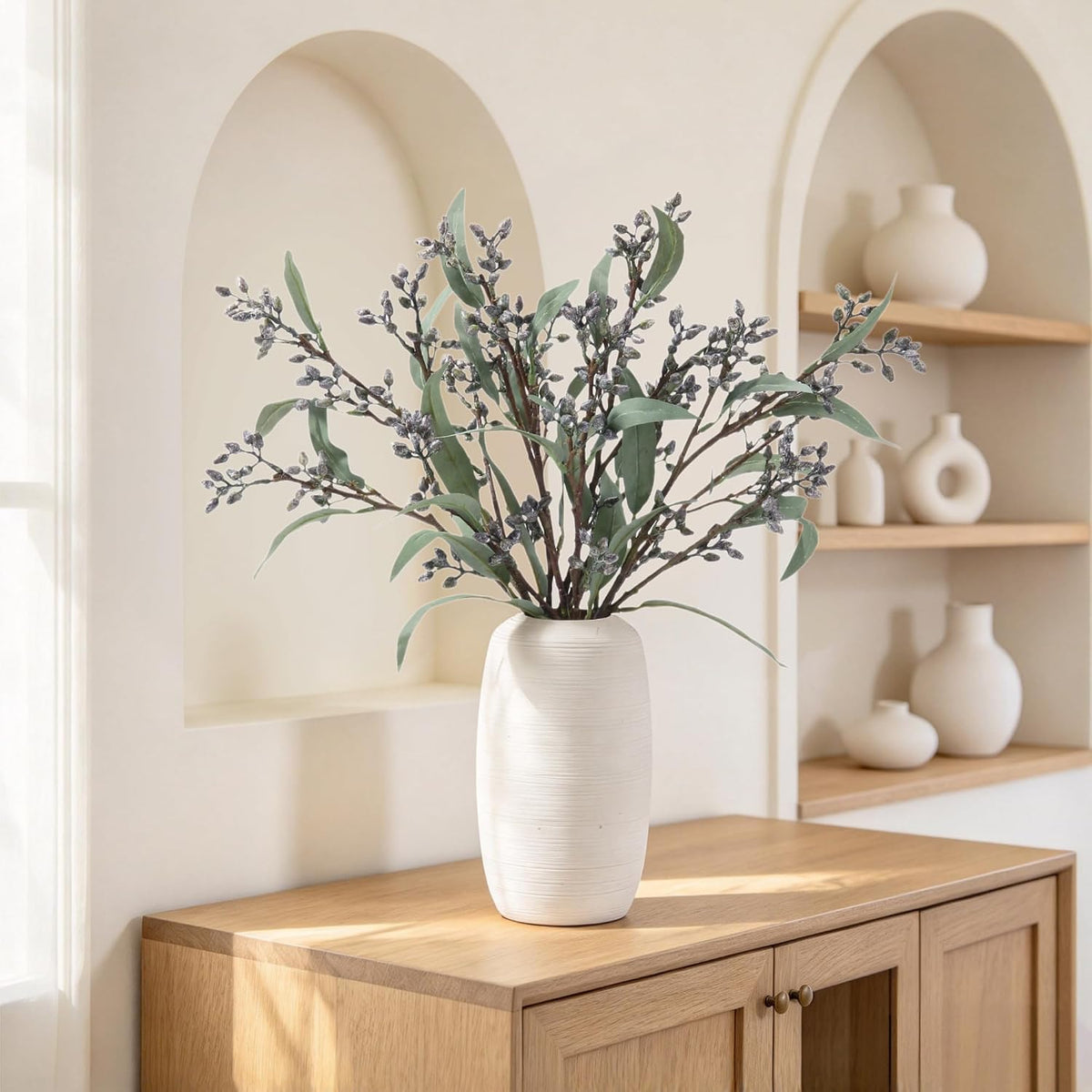 Faux Seeded Willow Eucalyptus Stems, 4Pcs Gray Artificial Greenery
