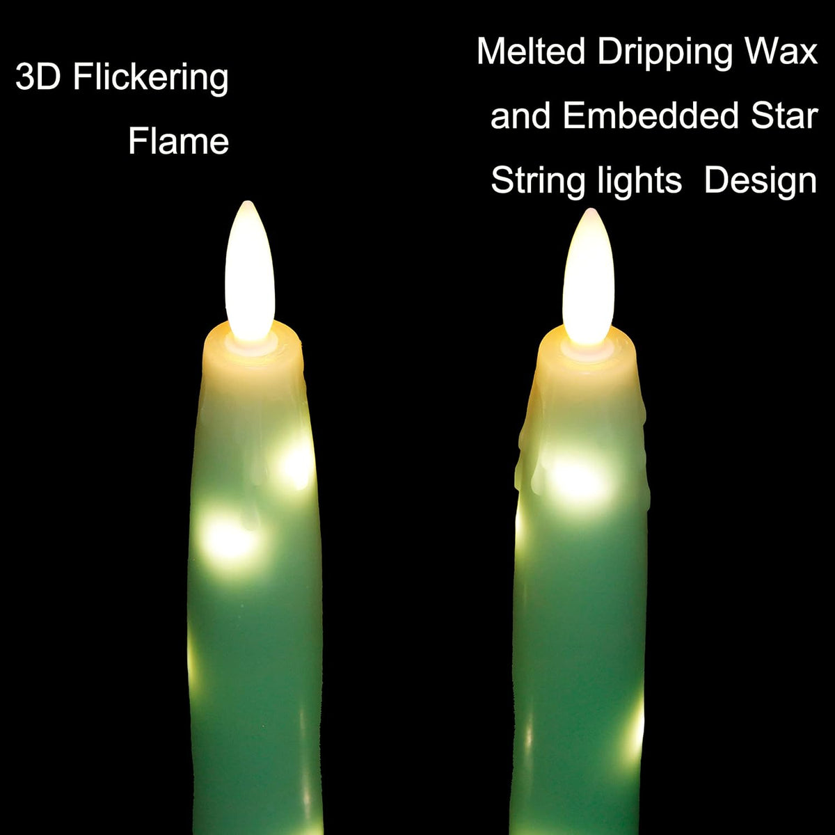 Flameless Flickering Taper Candles Battery Operated with Embedded String Lights, wtih Timer and Remote, LED Real Wax Tapered Dinner Candle Set of 2 (Green)