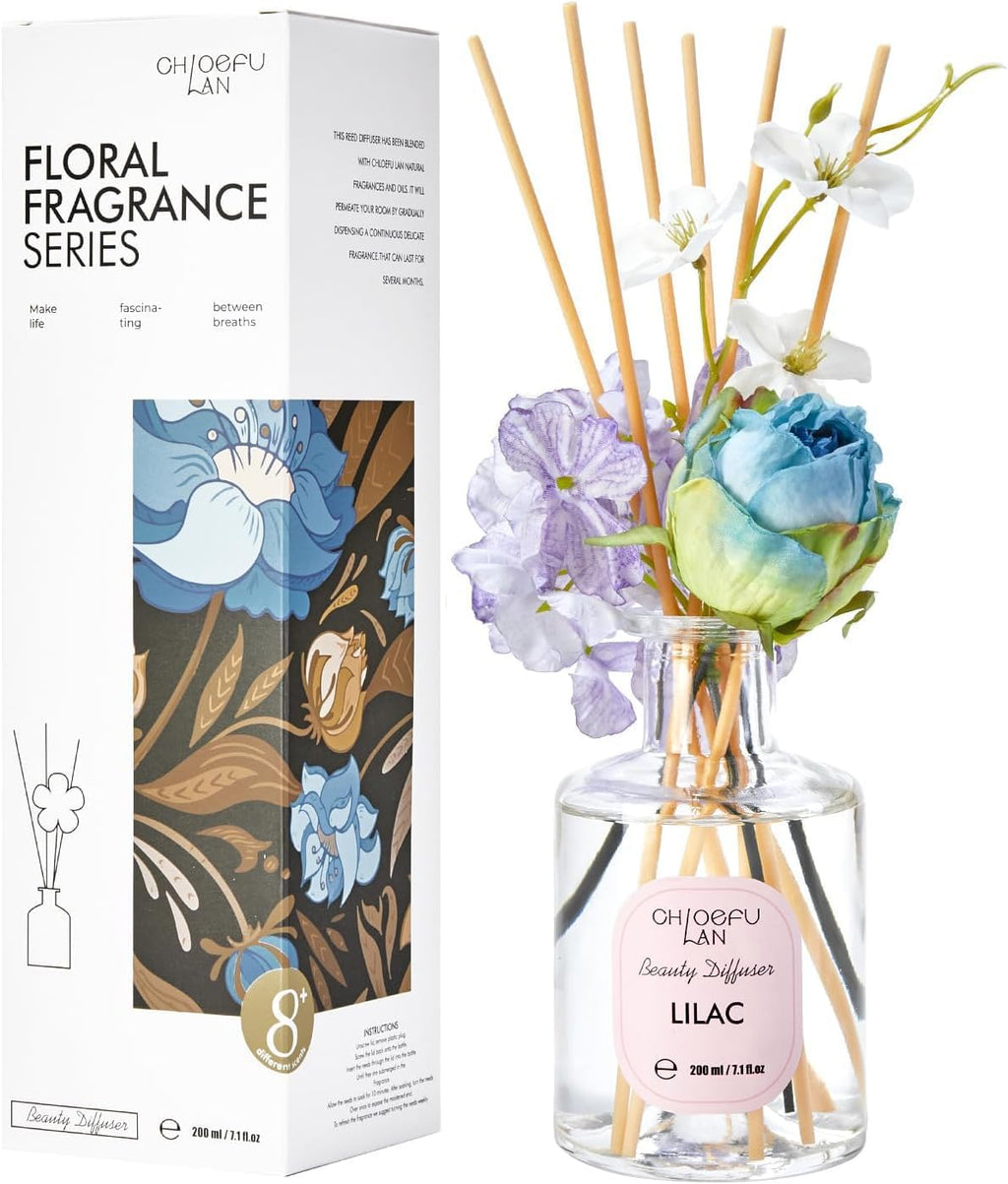 Chloefu Lan Lilac Reéd Diffuser Oil, 6.7 oz Refreshing Natural Essential Scented Oil with Purple Flower Diffuser Sticks,Bathroom Decor, Home & Office Decor,Diffuser Oil Gift Set