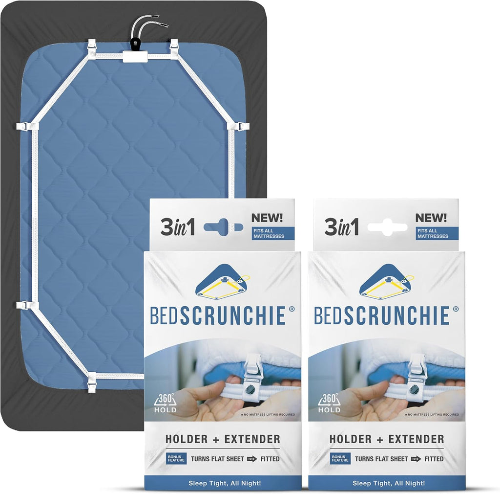 BED SCRUNCHIE Sheet Holder Straps (2 Pack) - Heavy Duty Gripper Clips - Strengthened Parachute Cord - 360 Degree Bed Sheet Tightener - Strongest and Effective Extender - Fits All Mattress Sizes