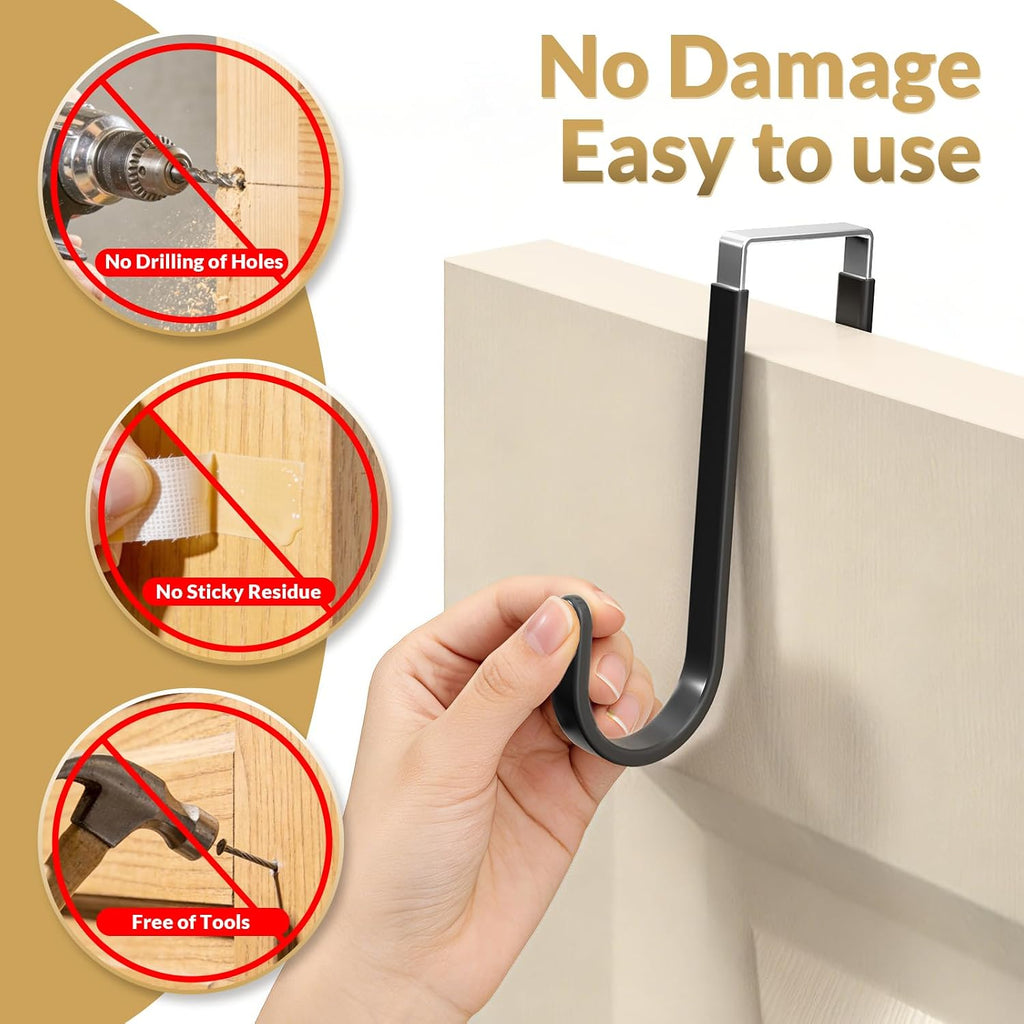 Over the Door Hooks, 4 Pack Heavy Door Hanger Organizer with Non-Slip Rubber, Over Door Hanger for Towels, Coats, Bags, Space Saving Door Coat Hanger for Living Room,Bathroom, Bedroom (Black, Short)