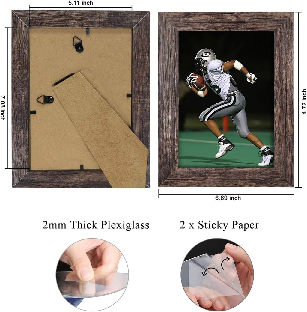 Q.Hou 5x7 Picture Frame Wood Pattern Rustic Brown Photo Frames Packs 4 with High Definition Plexiglass for Tabletop or Wall Decor (QH-PF5X7-BR)