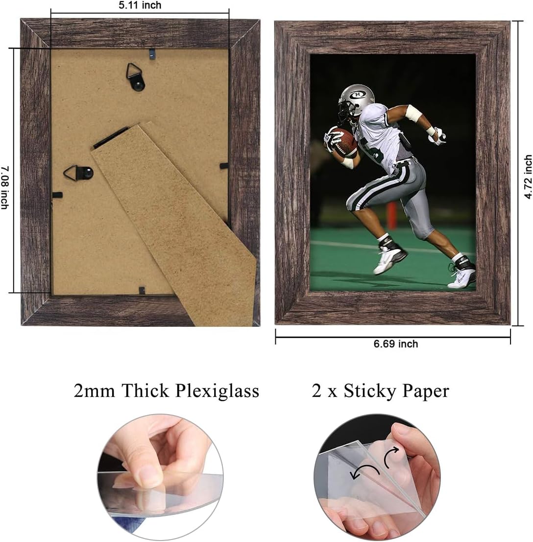 Q.Hou 5x7 Picture Frame Wood Pattern Rustic Brown Photo Frames Packs 4 with High Definition Plexiglass for Tabletop or Wall Decor (QH-PF5X7-BR)