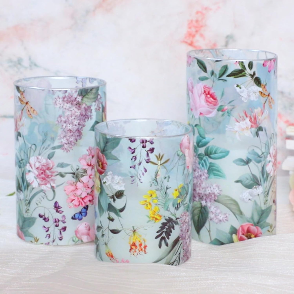 Glass Flameless Candles with Remote Timer Floral Battery Operated LED Flickering Blue Pillar Candle Real Wax Spring Summer Garden Dinner Christmas Holiday Farmhouse Decor D3 x H4, 5", 6"