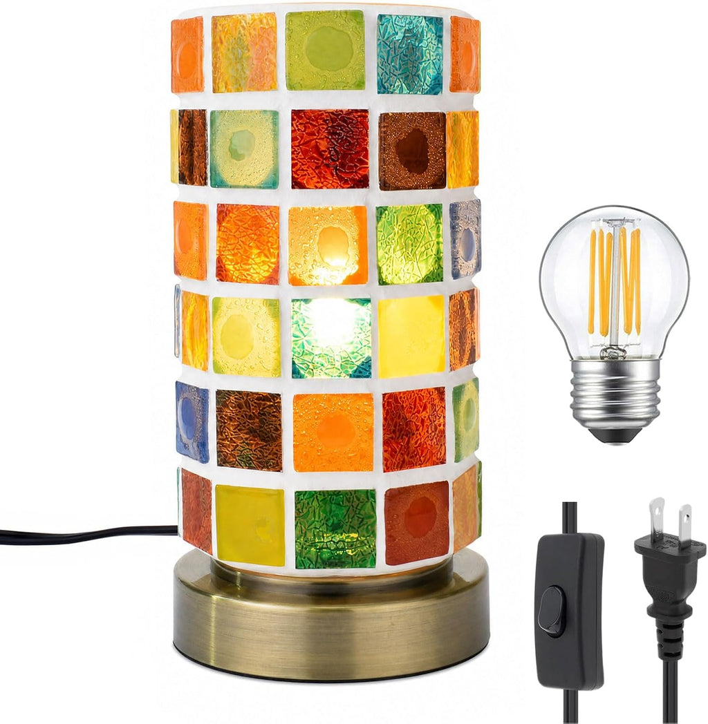 Mosaic Stained Glass Table Lamp for Bedroom Bedside, Bohemian Turkish Small Nightstand Lamp Night Light, Metal Base Round Colored Glass Shade Desk Lamp for Living Room Restaurant Bar (Bulb Included)