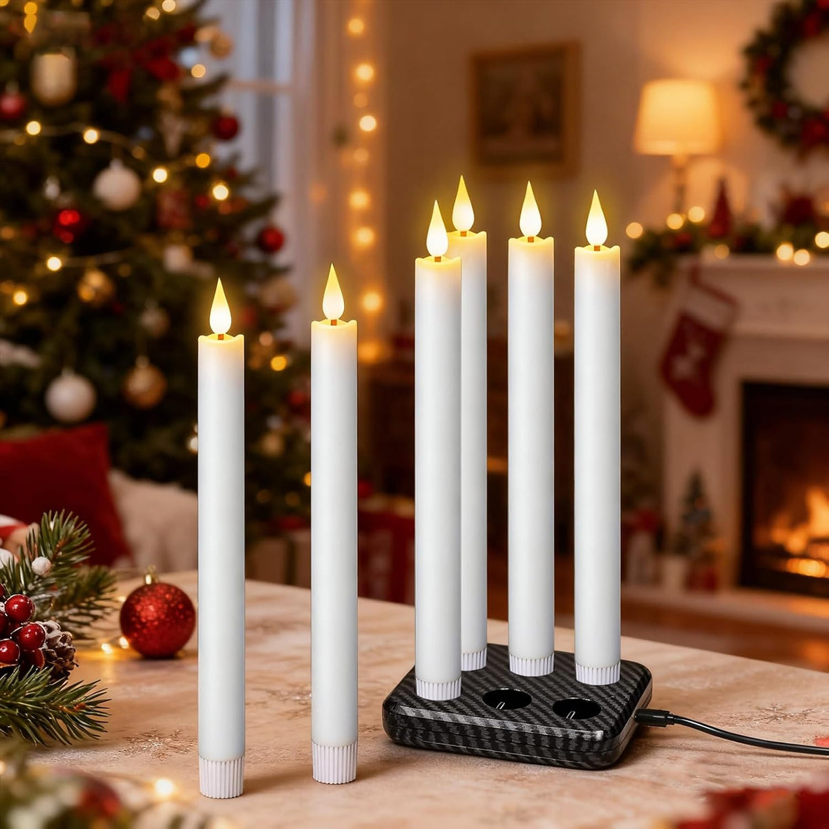 GenSwin Rechargeable Flameless Taper Candles Charging Base & 2 Remote White