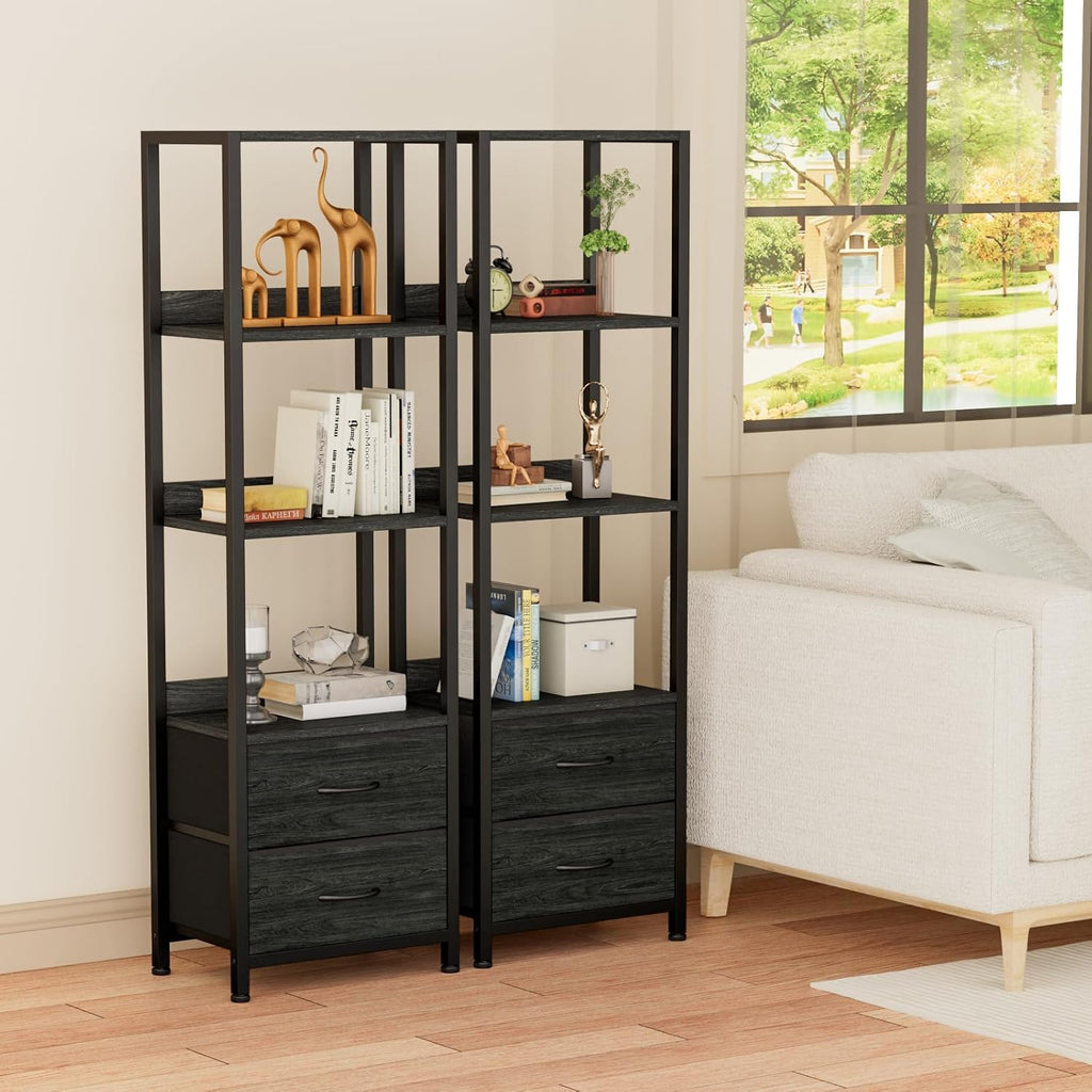 Furnulem 4 Tier Corner Shelf,Black Narrow Bookshelf with 2 Storage Drawers