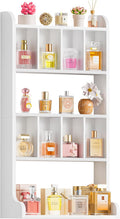 Keebofly Perfume Organizer Wall Mount & Large Cologne Display Case - Wooden Multi-Tier Trinket Shelf for Fragrances, Collectibles, Figures, Miniatures, Cosmetics and Shot Glasses, White