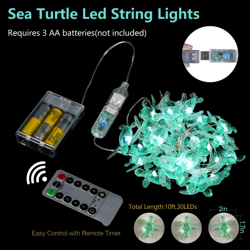 Beach Theme -Cute Green Sea Turtle String Lights- Ocean Fairy Decorative Lights- 10ft 30 LEDs -USB Powered -Multi-Function- Remote Control-Christmas -House Party- Bathroom -Baby Shower Decor